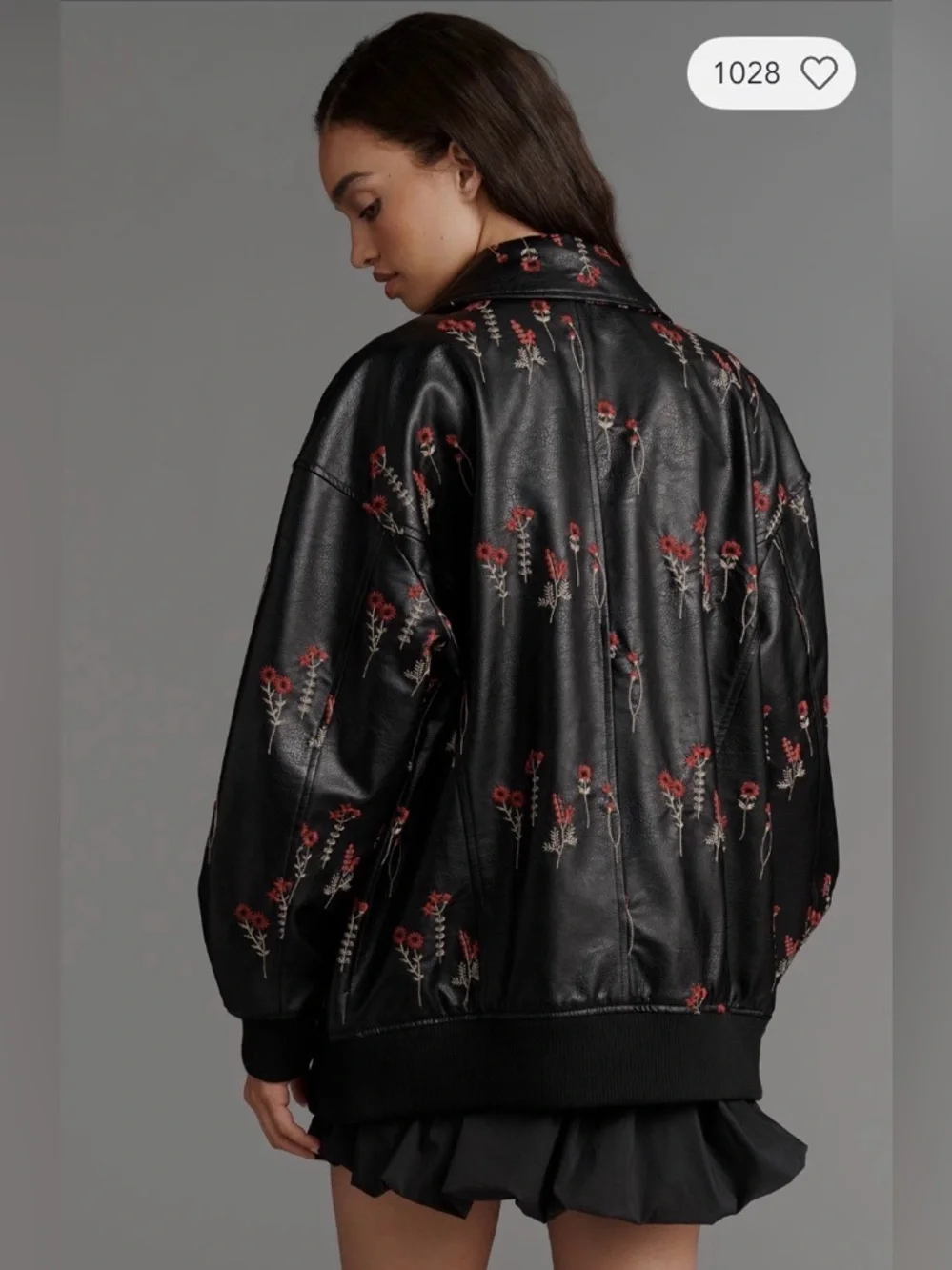 ✨ Anthropologie Faux Leather Floral-Embroidered Bomber Jacket Sz L